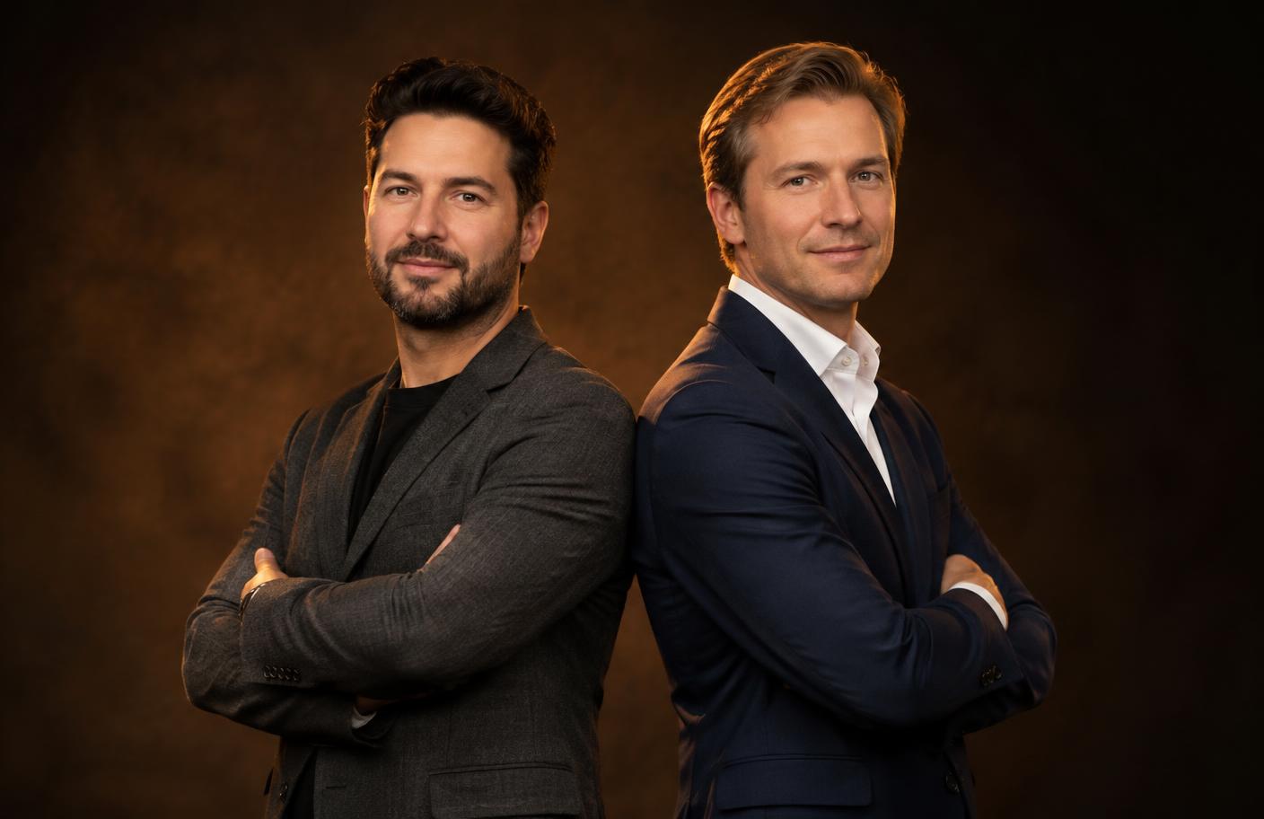 The Infinity HR founders standing back to back in a warm studio
